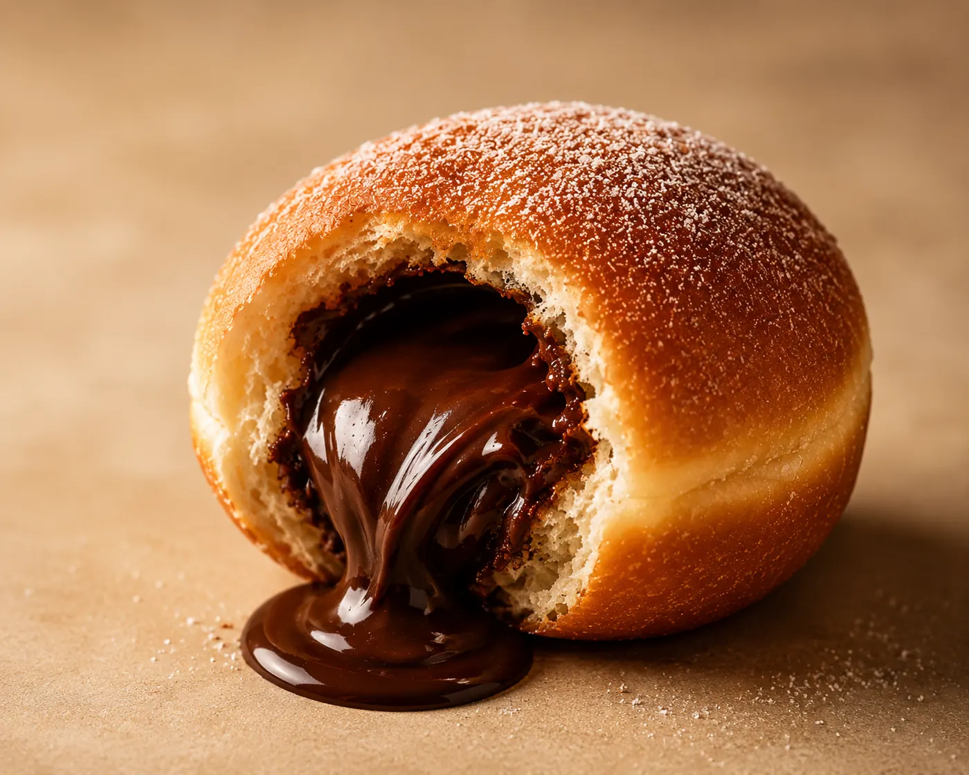 Chocolate-filled bomboloni dusted with sugar