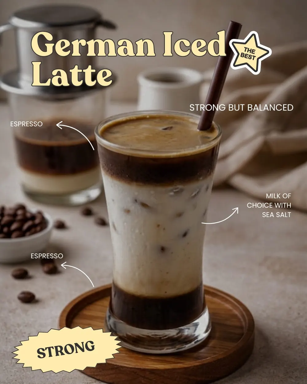 German iced latte layered in a tall glass