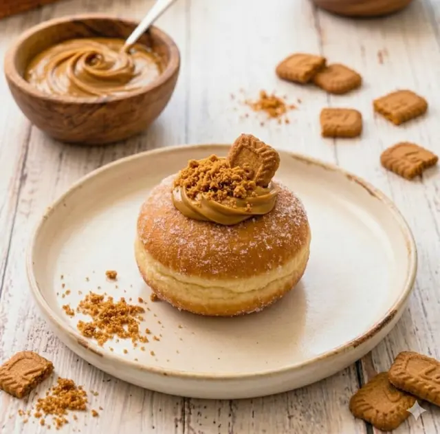 Biscoff bomboloni topped with Lotus cream and a biscuit