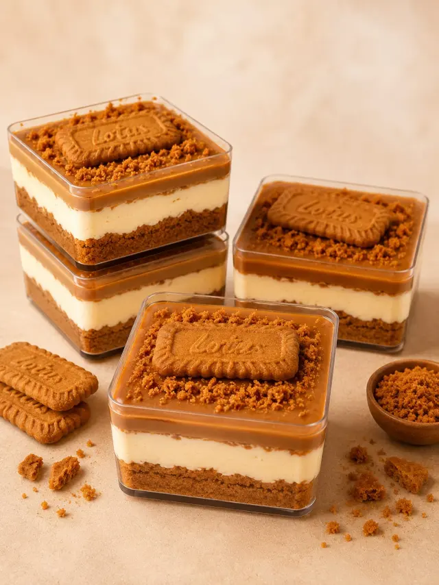 Biscoff cheesecake tubs layered with caramel and biscuit crumb