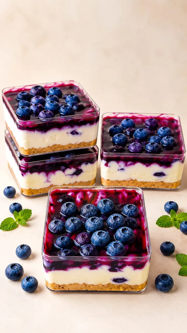 Blueberry cheesecake tubs topped with fresh blueberries