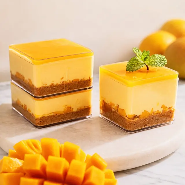 Mango cheesecake tubs with mango glaze and mint