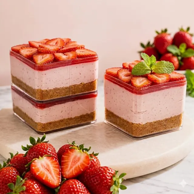 Strawberry cheesecake tubs topped with sliced strawberries