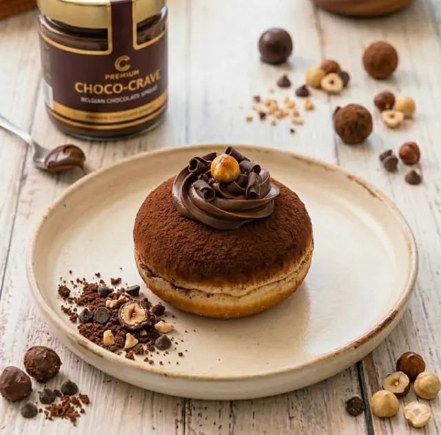 Chocolate bomboloni with cocoa dusting and chocolate curls
