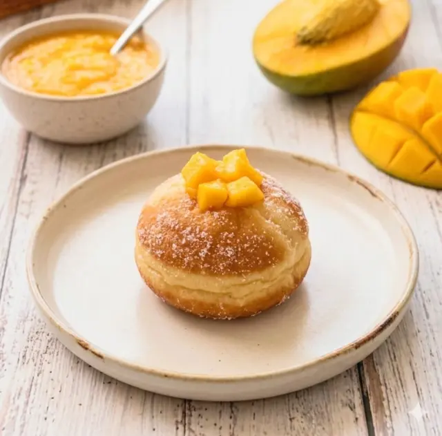 Mango bomboloni topped with fresh mango cubes