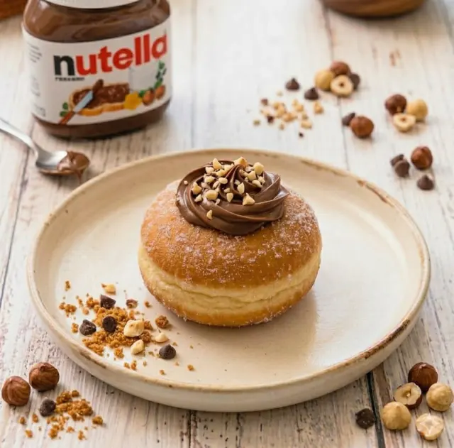 Nutella bomboloni piped with chocolate and hazelnuts