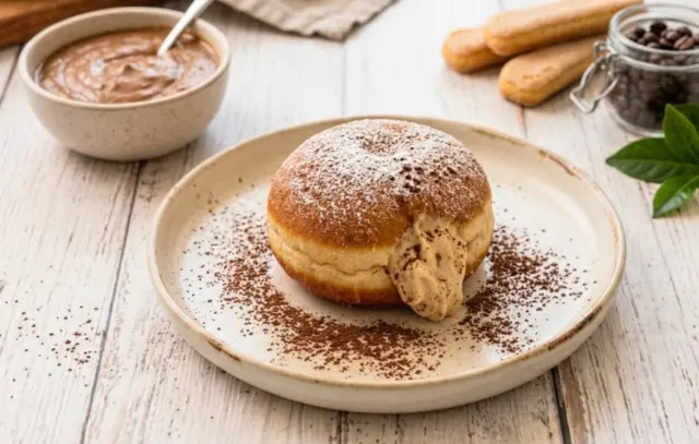 Tiramisu bomboloni dusted with cocoa