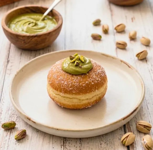 Pistachio bomboloni with green cream and crushed pistachios